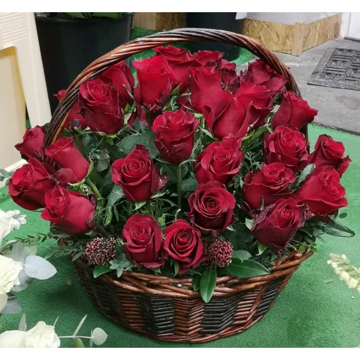40 red roses in a basket